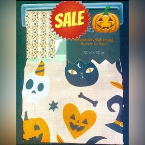 Halloween Shower Curtain~ Faces Black Cats Ghosts Witch’s Hat Decoration NEW NWT